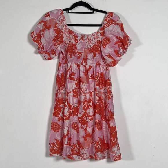Petal & Pup Maggie Babydoll Mini Dress Sz L Pink Red Floral Puff Sleeves - Picture 8 of 16